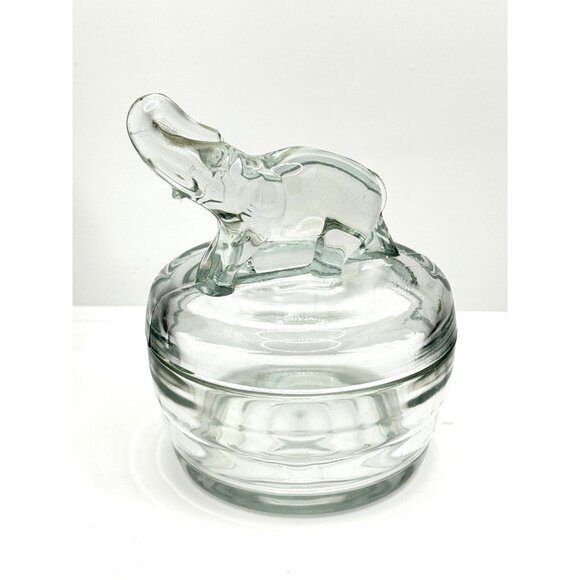Vintage Jeanette Elephant Crystal Clear Glass Powder Trinket Covered Dish - Picture 5 of 9